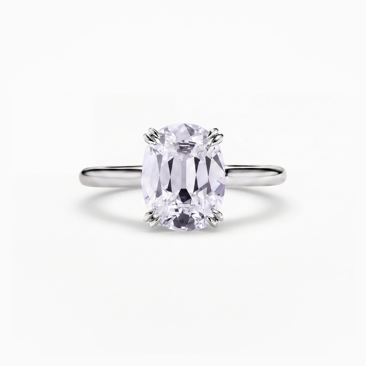 The Alicia Cushion solitaire engagement ring in platinum, a 2.00 carat cushion cut lab-grown diamond held in double claws