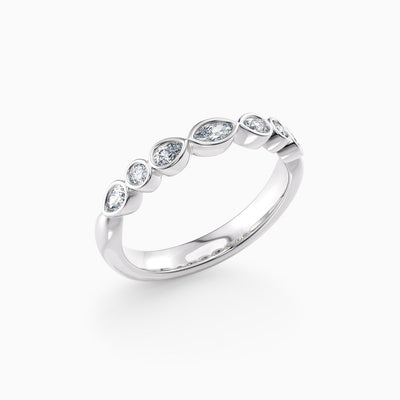 The Rhoda bezel set lab grown diamond wedding band with marquise, pear and round diamonds