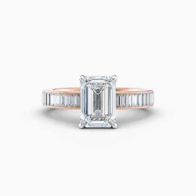 The Selene emerald cut lab grown diamond engagement ring with channel set baguette diamond band