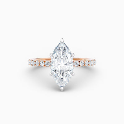 The Cora marquise lab grown diamond engagement ring with hidden halo and diamond band