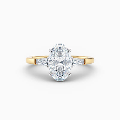 Oval lab grown diamond engagement ring with tapered baguette side stones, hand-crafted in Brisbane