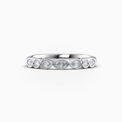 The Rhoda bezel set lab grown diamond wedding band with marquise, pear and round diamonds