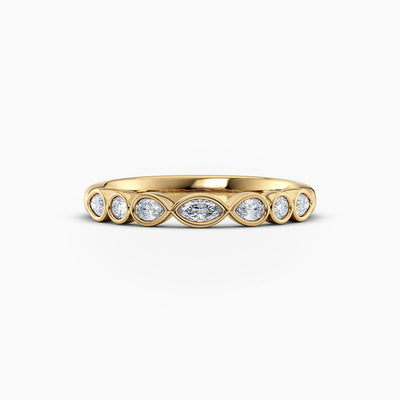 The Rhoda bezel set lab grown diamond wedding band with marquise, pear and round diamonds