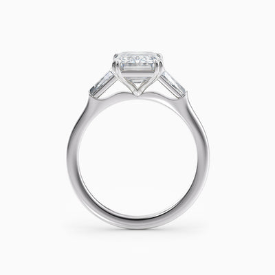 Emerald cut lab grown diamond three stone engagement ring with tapered baguette side stones, hand-crafted in Brisbane