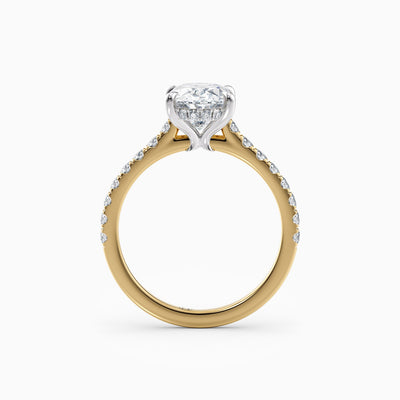 The Sophia oval lab grown diamond engagement ring with hidden halo and upswept diamond band