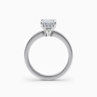 The Selene emerald cut lab grown diamond engagement ring with channel set baguette diamond band