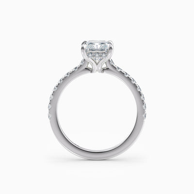 The Sophia radiant cut lab grown diamond engagement ring with hidden halo and upswept diamond band