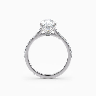The Sophia pear shaped lab grown diamond engagement ring with hidden halo and upswept diamond band