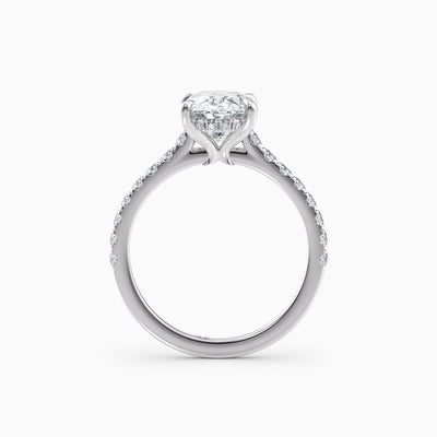 The Sophia oval lab grown diamond engagement ring with hidden halo and upswept diamond band