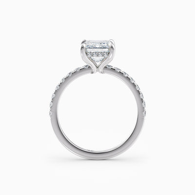 The Cora emerald cut lab grown diamond engagement ring with hidden halo and diamond band