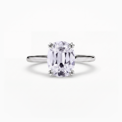 The Alicia Cushion solitaire engagement ring in platinum, a 2.00 carat cushion cut lab-grown diamond held in double claws