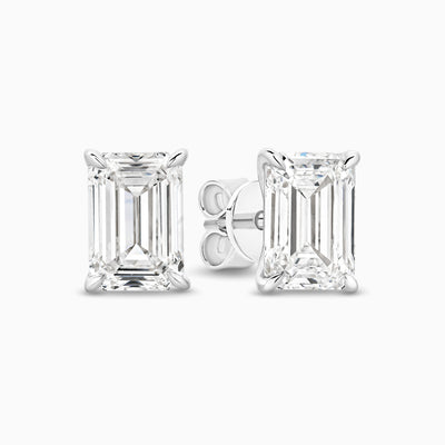 Emerald cut lab grown diamond stud earrings in 18ct white gold