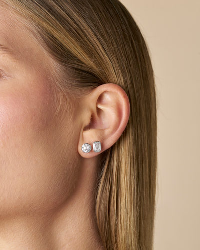 Julia Bezel emerald cut lab grown diamond stud earrings handcrafted in Brisbane by Orlaithea