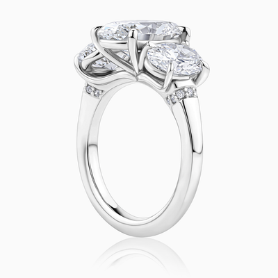 Basilia oval lab grown diamond three stone engagement ring in platinum, 5.10 carats total