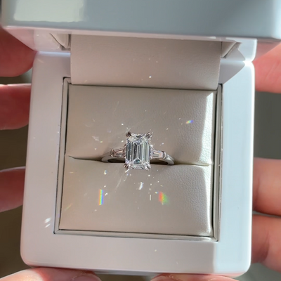 2.61ct emerald cut lab grown diamond three stone ring in platinum, ready to ship from Brisbane