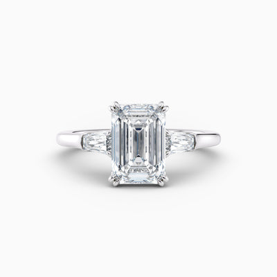 Emerald cut lab grown diamond three stone engagement ring with tapered baguette side stones, hand-crafted in Brisbane