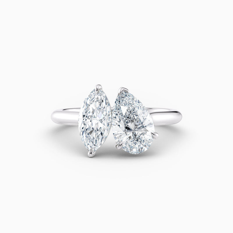 The Alexa toi et moi engagement ring with pear and marquise lab grown diamonds in a twisted claw setting