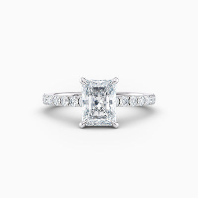 The Sophia radiant cut lab grown diamond engagement ring with hidden halo and upswept diamond band