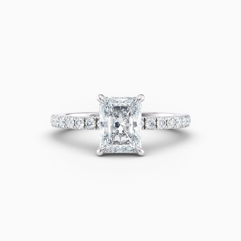 The Cora radiant cut lab grown diamond engagement ring with hidden halo and diamond band, hand-crafted in Brisbane