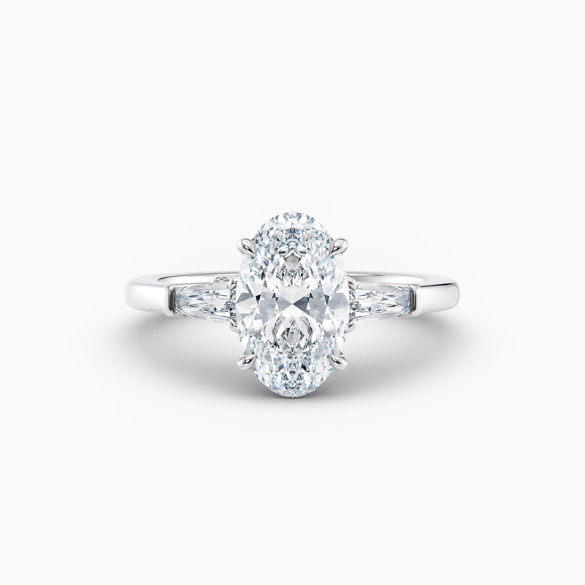 Oval lab grown diamond engagement ring with tapered baguette side stones, hand-crafted in Brisbane