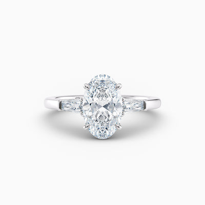 Oval lab grown diamond engagement ring with tapered baguette side stones, hand-crafted in Brisbane