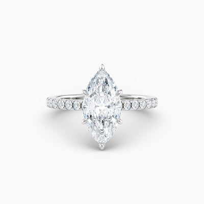 The Sophia marquise lab grown diamond engagement ring with hidden halo and upswept diamond band