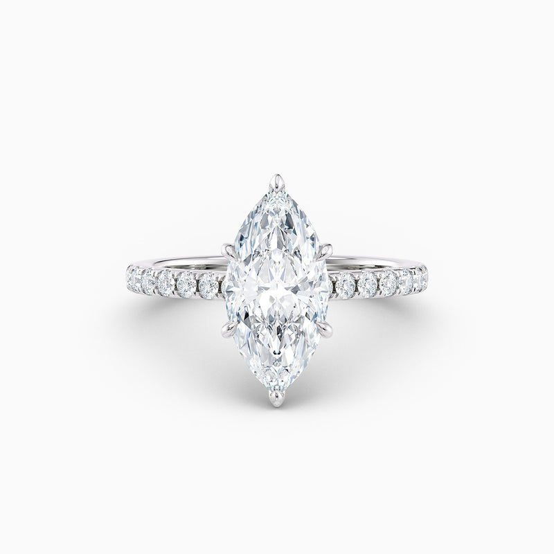 The Sophia marquise lab grown diamond engagement ring with hidden halo and upswept diamond band