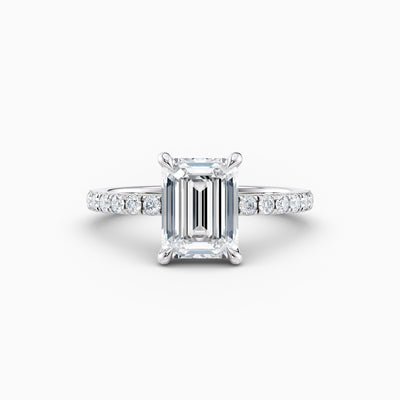 The Cora emerald cut lab grown diamond engagement ring with hidden halo and diamond band
