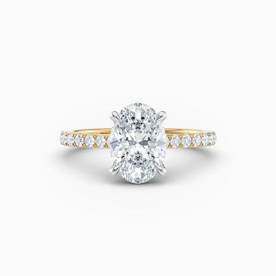 The Sophia oval lab grown diamond engagement ring with hidden halo and upswept diamond band