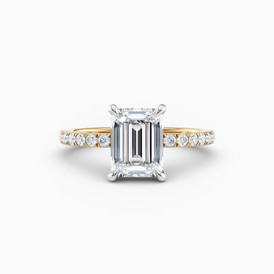 The Cora emerald cut lab grown diamond engagement ring with hidden halo and diamond band