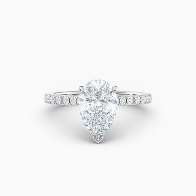 The Sophia pear shaped lab grown diamond engagement ring with hidden halo and upswept diamond band