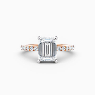 The Cora emerald cut lab grown diamond engagement ring with hidden halo and diamond band