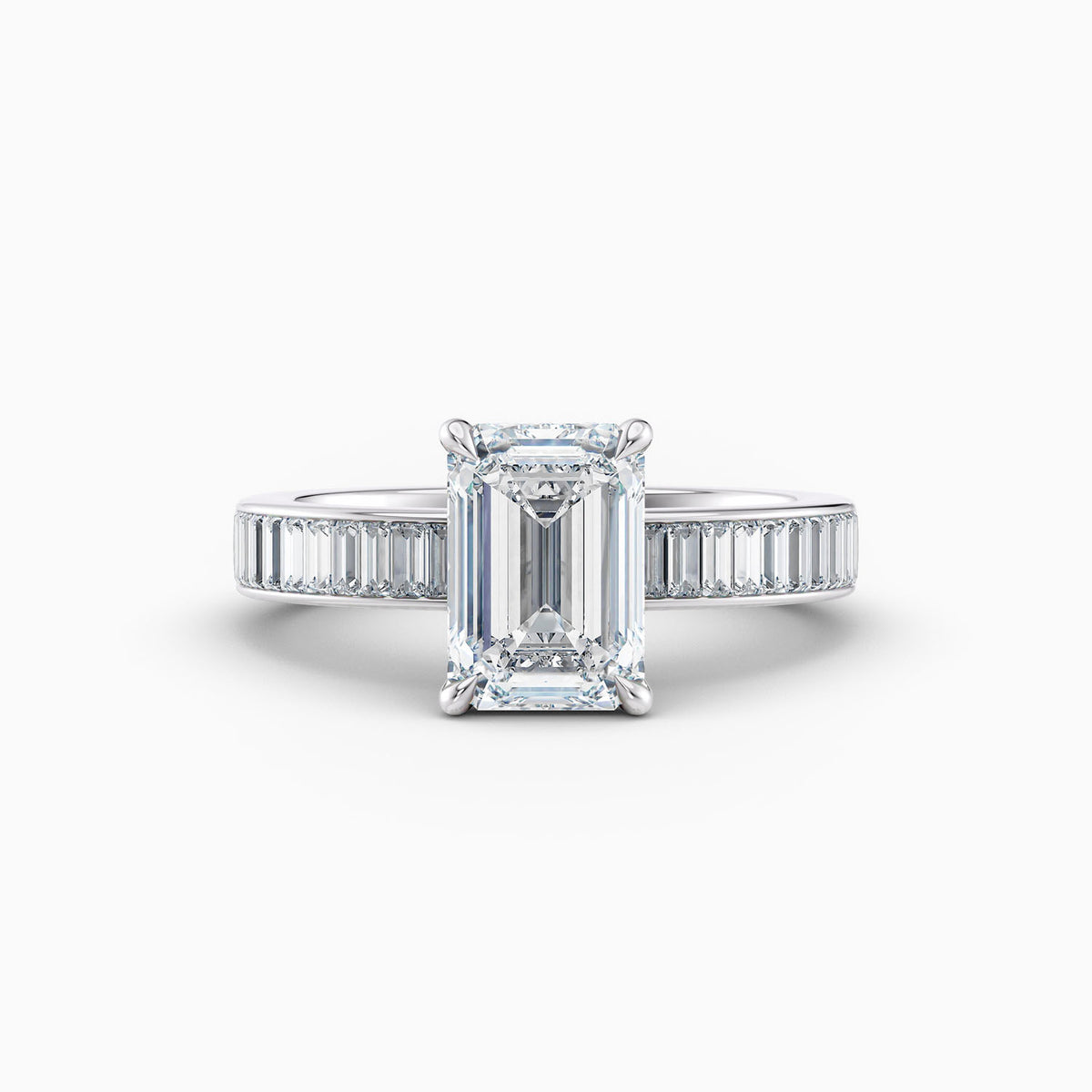 The Selene emerald cut lab grown diamond engagement ring with channel set baguette diamond band