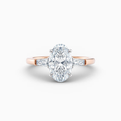 Oval lab grown diamond engagement ring with tapered baguette side stones, hand-crafted in Brisbane