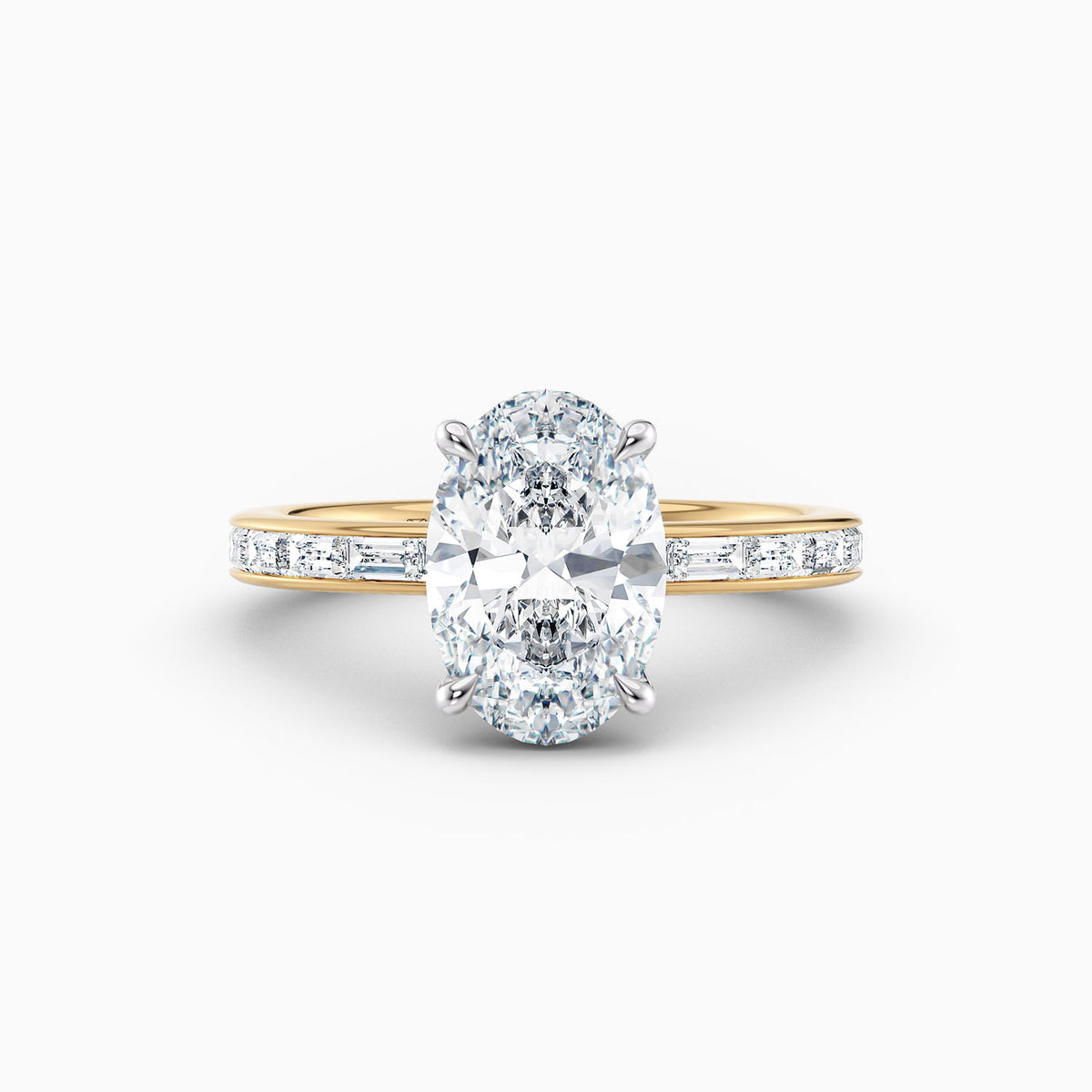 The Eleanor oval lab grown diamond engagement ring with channel set baguette diamond band