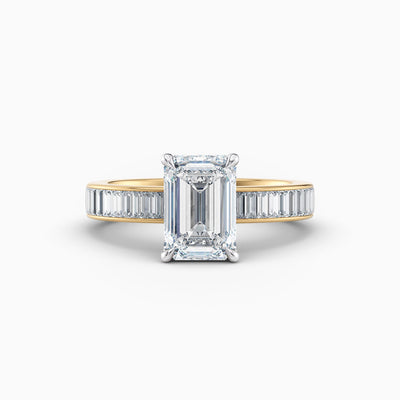 The Selene emerald cut lab grown diamond engagement ring with channel set baguette diamond band