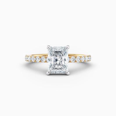 The Sophia radiant cut lab grown diamond engagement ring with hidden halo and upswept diamond band