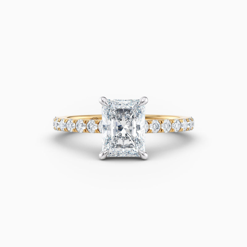 The Sophia radiant cut lab grown diamond engagement ring with hidden halo and upswept diamond band