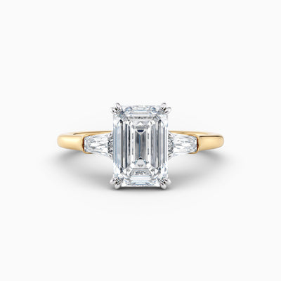 Emerald cut lab grown diamond three stone engagement ring with tapered baguette side stones, hand-crafted in Brisbane