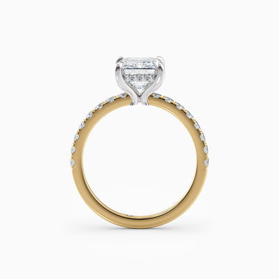 The Cora emerald cut lab grown diamond engagement ring with hidden halo and diamond band