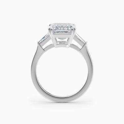 5.16ct emerald cut lab grown diamond three stone engagement ring in platinum, ready to ship