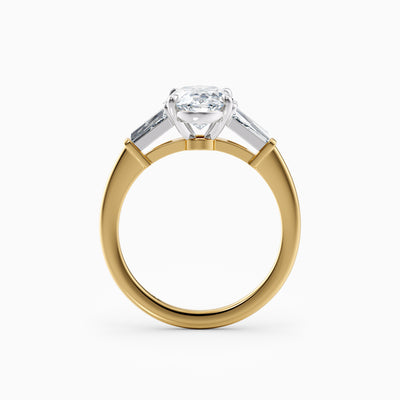 Oval lab grown diamond engagement ring with tapered baguette side stones, hand-crafted in Brisbane