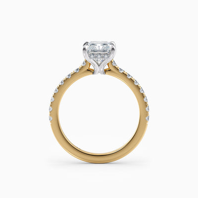 The Sophia radiant cut lab grown diamond engagement ring with hidden halo and upswept diamond band