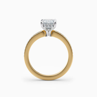 The Selene emerald cut lab grown diamond engagement ring with channel set baguette diamond band