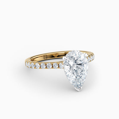 The Sophia pear shaped lab grown diamond engagement ring with hidden halo and upswept diamond band