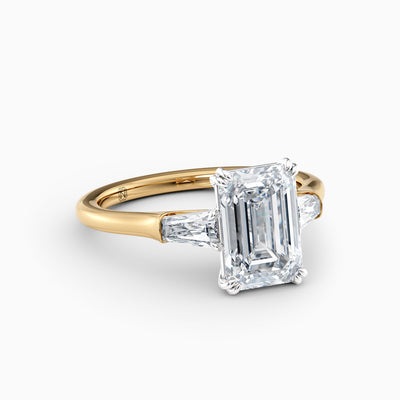Emerald cut lab grown diamond three stone engagement ring with tapered baguette side stones, hand-crafted in Brisbane
