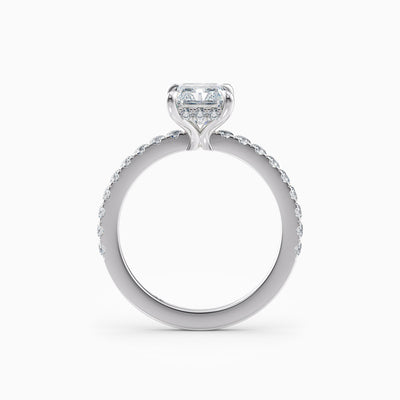 The Cora radiant cut lab grown diamond engagement ring with hidden halo and diamond band, hand-crafted in Brisbane