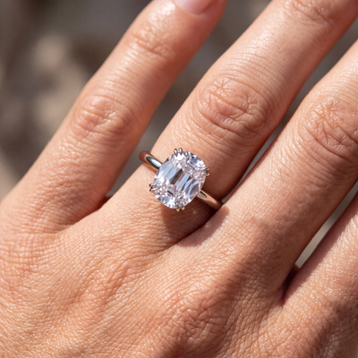 The Alicia cushion cut lab grown diamond solitaire engagement ring with double claws