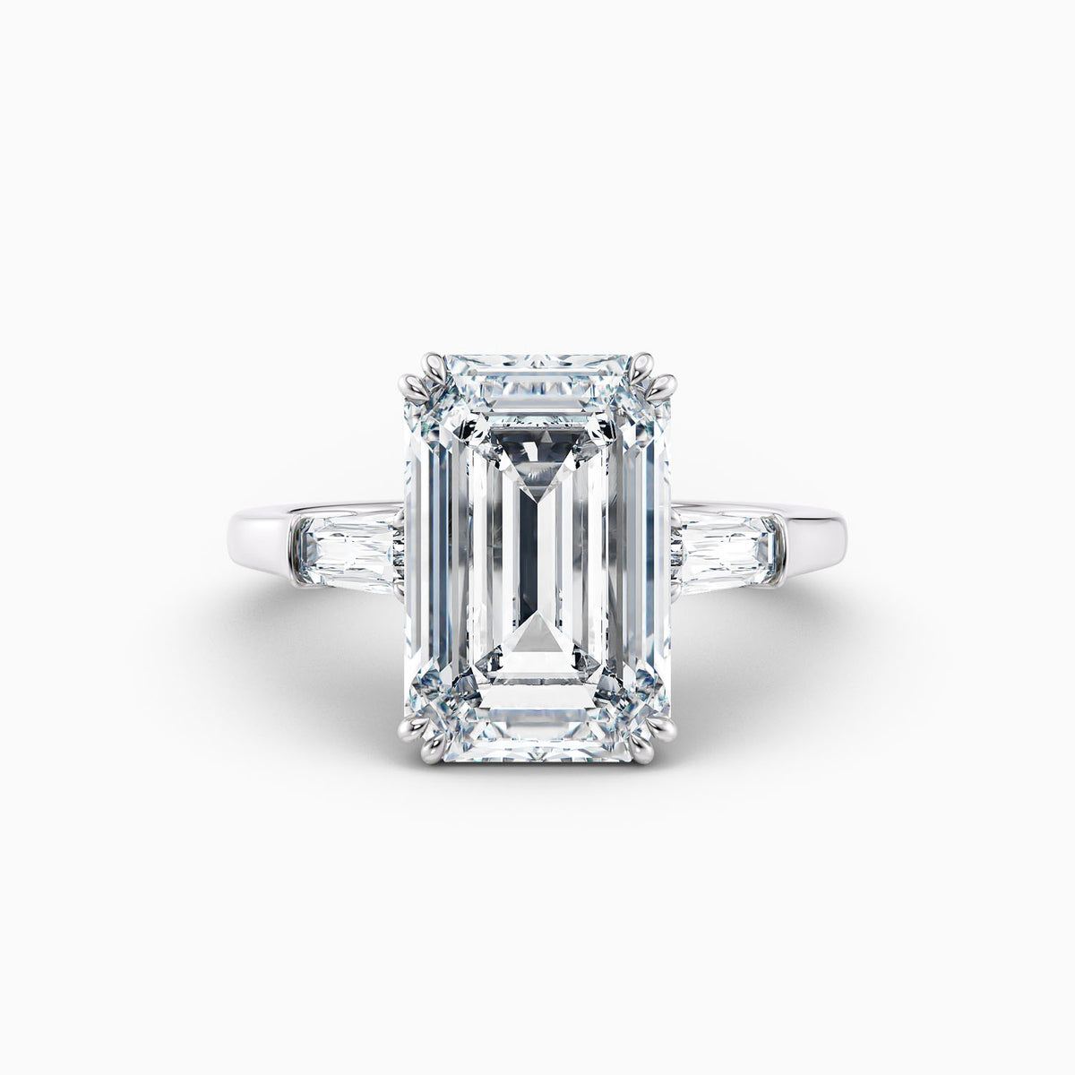 5.16ct emerald cut lab grown diamond three stone engagement ring in platinum, ready to ship